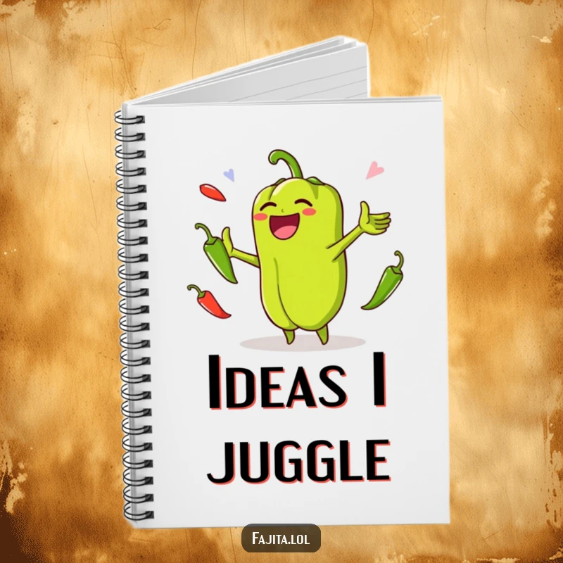 Funny notebook with a laughing bell pepper juggling jalapenos, ideal for jotting down notes with a dash of culinary excitement.