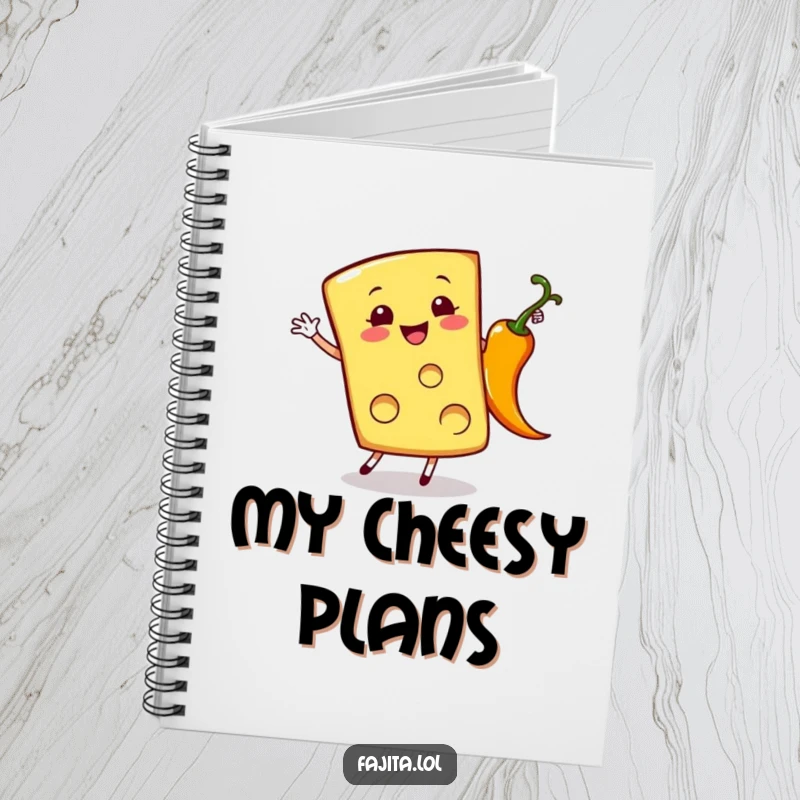 Funny notebook with a cheerful cheese slice doing a cartwheel near a sizzling pepper, ideal for notes.