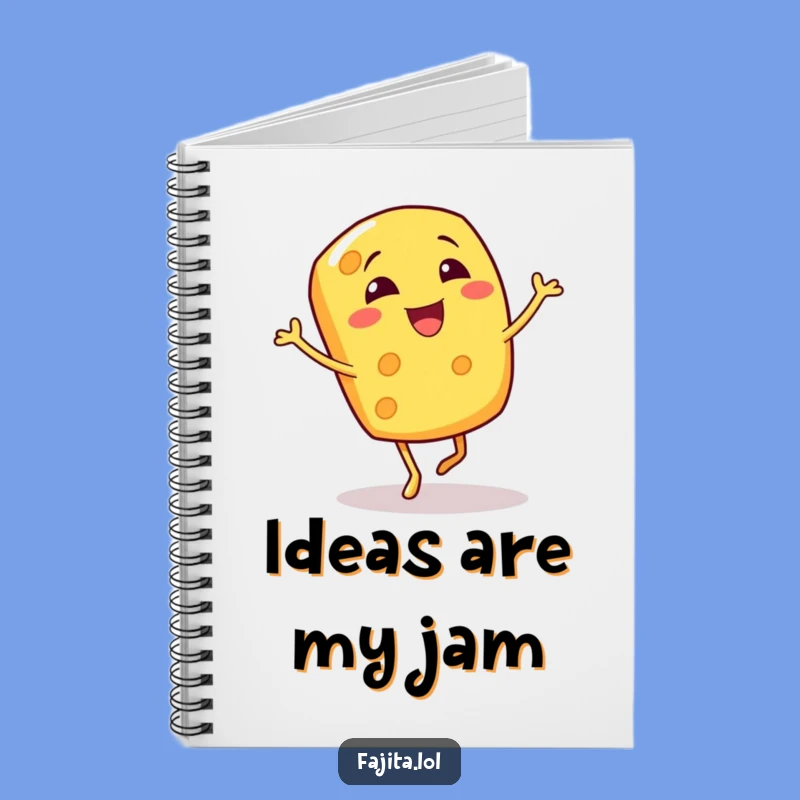Capture your thoughts and funny ideas in this notebook featuring a giggling cheese shred doing a bouncy jig. Great for students and creatives.