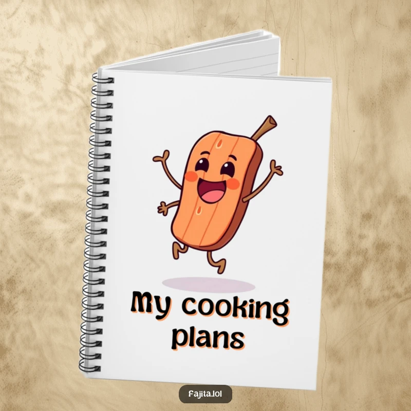 Funny notebook cover with an excited grilled meat character doing a happy skip, ready for notes and ideas.