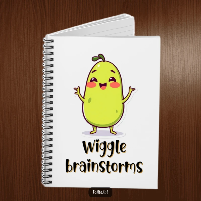 Funny Notebook with a cheerful guacamole character doing a happy wiggle, perfect for jotting down ideas with delicious personality.
