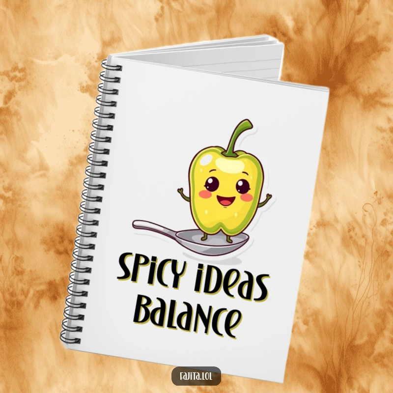 Funny Notebook with a smiling pepper slice character balancing on a tiny spoon, perfect for jotting down ideas with clever style.