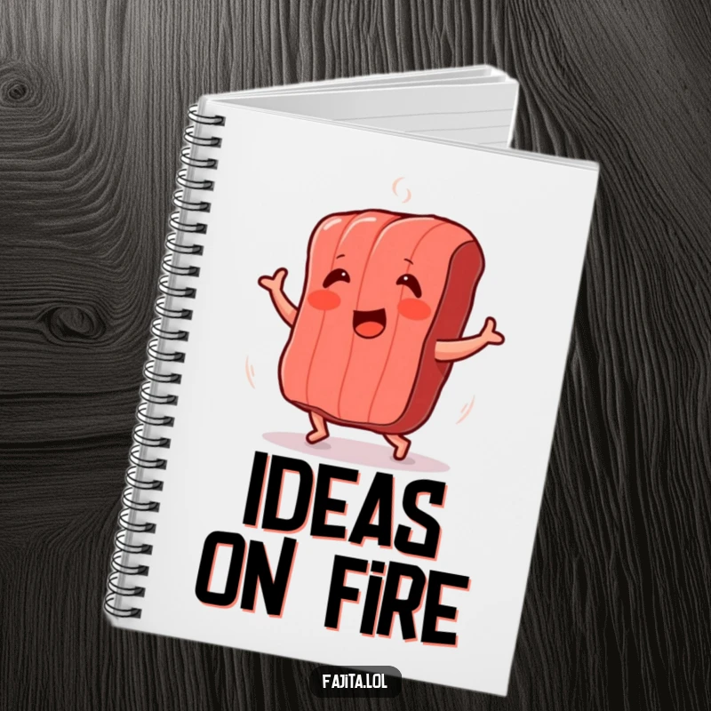 Funny notebook cover featuring a grilled meat strip dancing excitedly, ideal for recipes and creative notes.