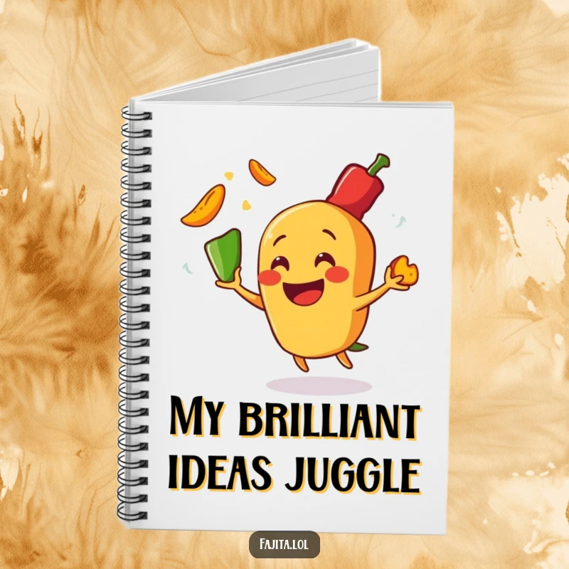 Funny notebook cover with a fajita character energetically juggling hot pepper slices, ideal for capturing humorous notes and ideas.
