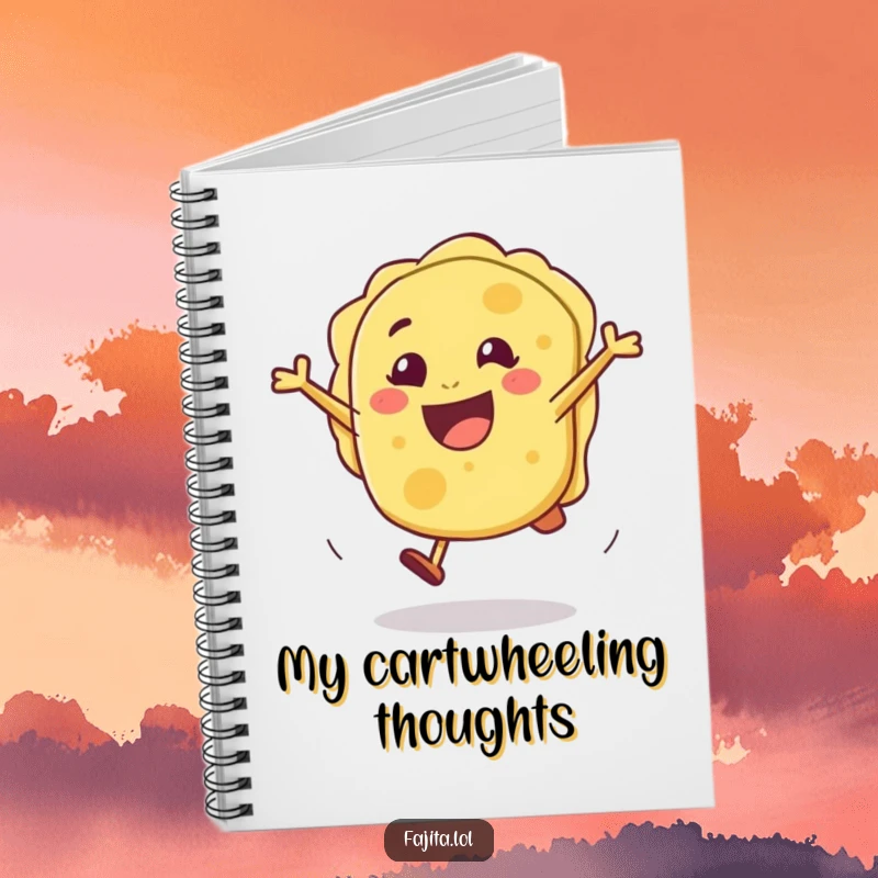 Funny notebook with a joyful tortilla doing a cartwheel, ideal for jotting down ideas with a dash of pure, unadulterated fun.