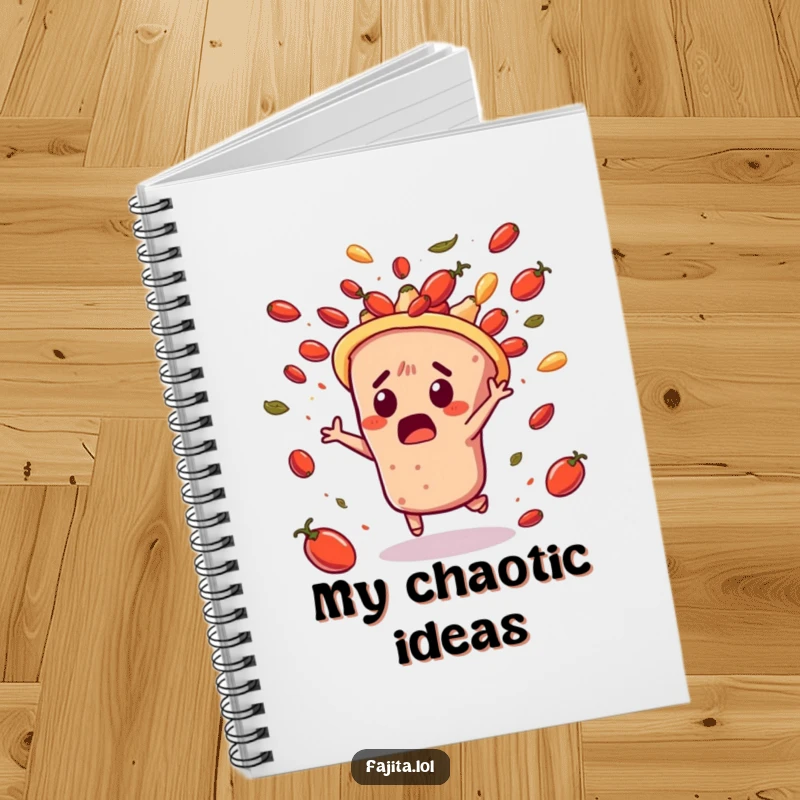 Funny notebook cover with a surprised fajita character dodging flying salsa, perfect for jotting down notes with a humorous, dynamic feel.