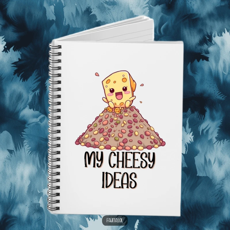 Funny notebook design of a playful cheese shred character cascading down a bean mountain, ideal for creative note-taking.