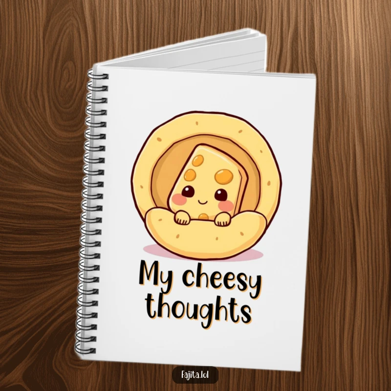 Funny shy cheese slice character peeking from a steaming tortilla on a notebook, great for jotting down cheesy ideas.