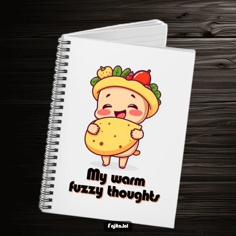 Funny notebook cover with a fajita character giving a warm hug to a tortilla, ideal for jotting down notes with a humorous, comforting feel.