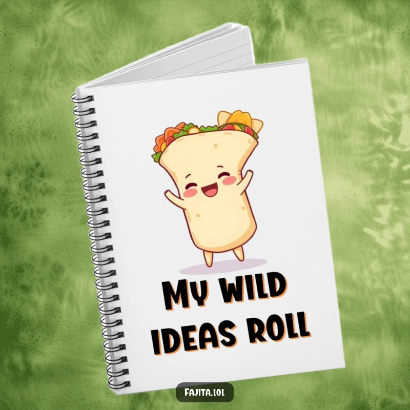 Funny burrito notebook featuring a happy burrito doing a cartwheel, its tortilla slightly unfurled, for writing with a humorous touch.