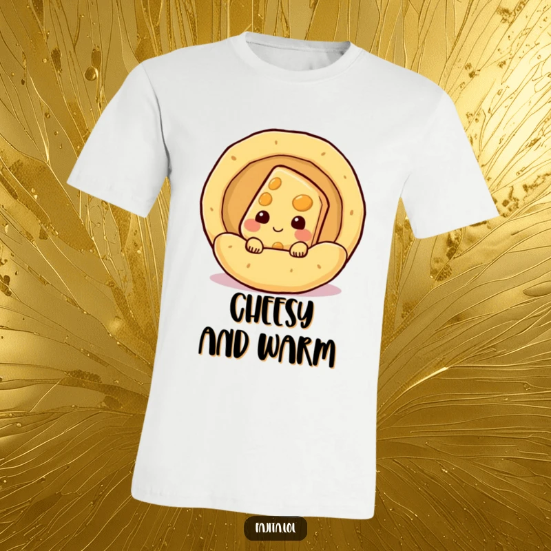 Funny shy cheese slice character peeking out from a steaming tortilla on a t-shirt, a humorous and tasty design.