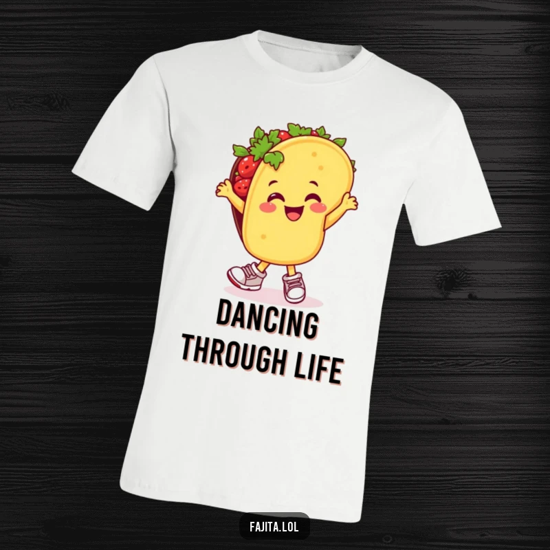 Funny t-shirt with a smiling taco wearing tiny sneakers, captured mid-salsa dance with infectious enthusiasm.