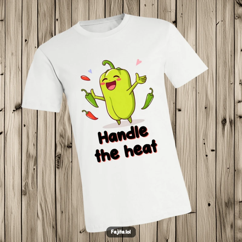 Funny t-shirt showing a laughing bell pepper juggling several jalapenos, radiating a sense of fun and delightful mayhem.