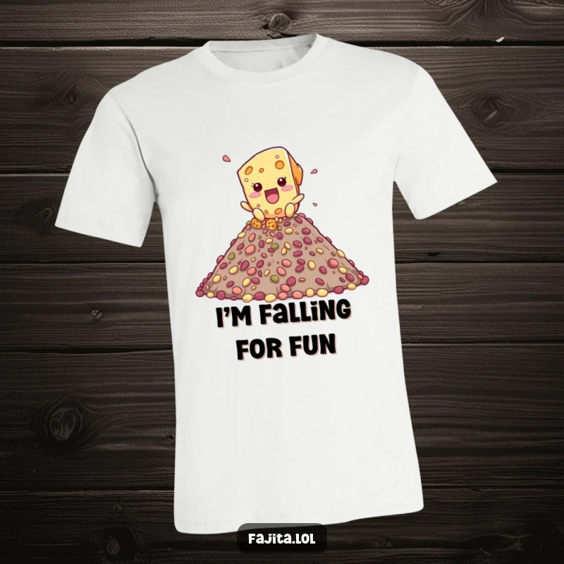 Funny t-shirt with a playful cheese shred character tumbling down a vibrant mountain composed of beans.