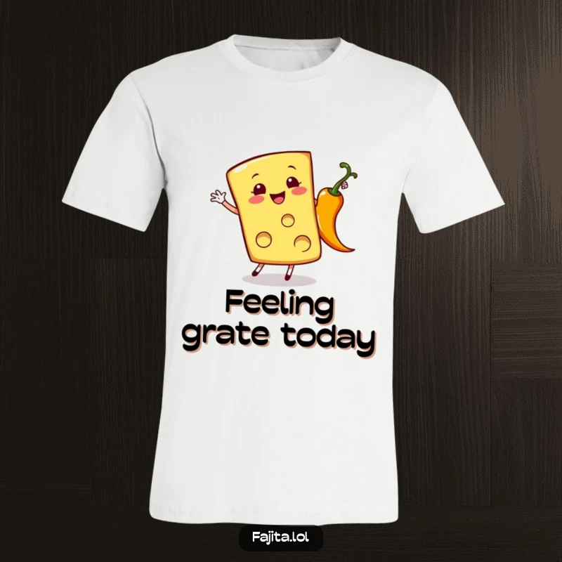 Funny t-shirt displaying a cheerful cheese slice doing a cartwheel near a sizzling pepper, full of vibrant energy.