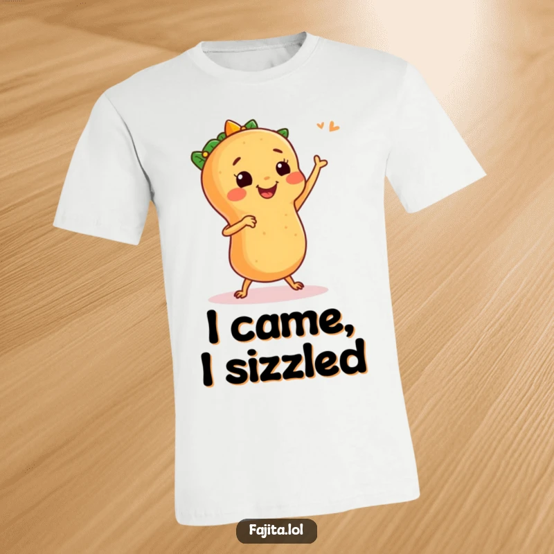 Funny t-shirt showcasing a smiling fajita with small legs doing an energetic salsa dance, embodying a festive and joyful spirit.