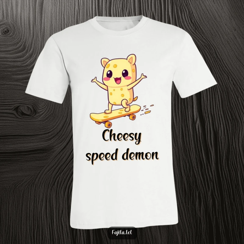 Funny t-shirt depicting a gleeful fajita character actively skateboarding on a cheese board, showcasing a rad and humorous food-themed activity.