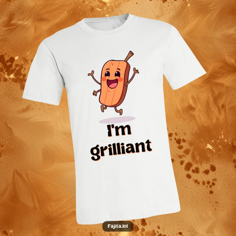Funny t-shirt with an excited grilled meat character doing a happy skip, celebrating the joy of grilling.