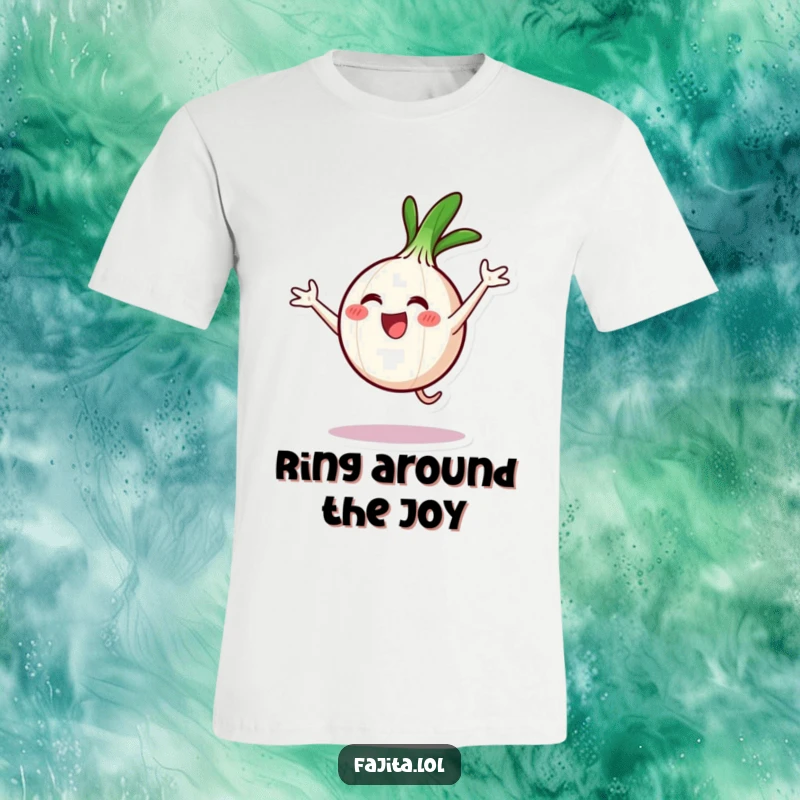 Funny t-shirt featuring a grinning onion ring character mid-cartwheel, expressing pure excitement and a love for movement.