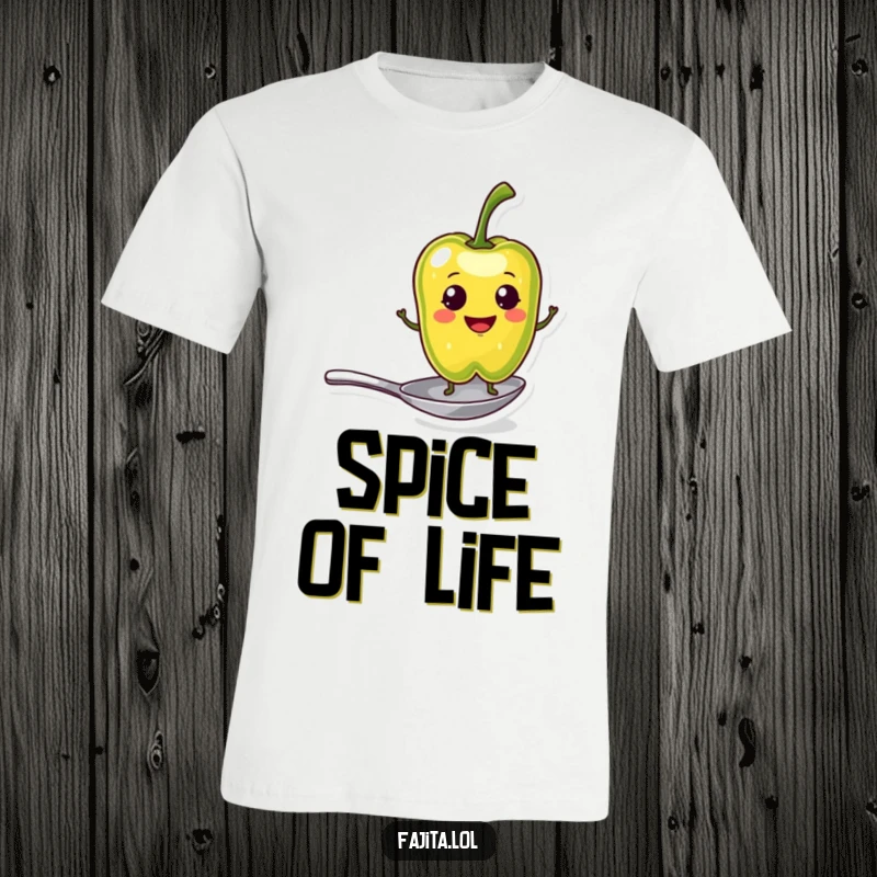 Funny T-Shirt showcasing a smiling pepper slice character balanced perfectly on a tiny spoon, embodying playful charm and spicy humor.