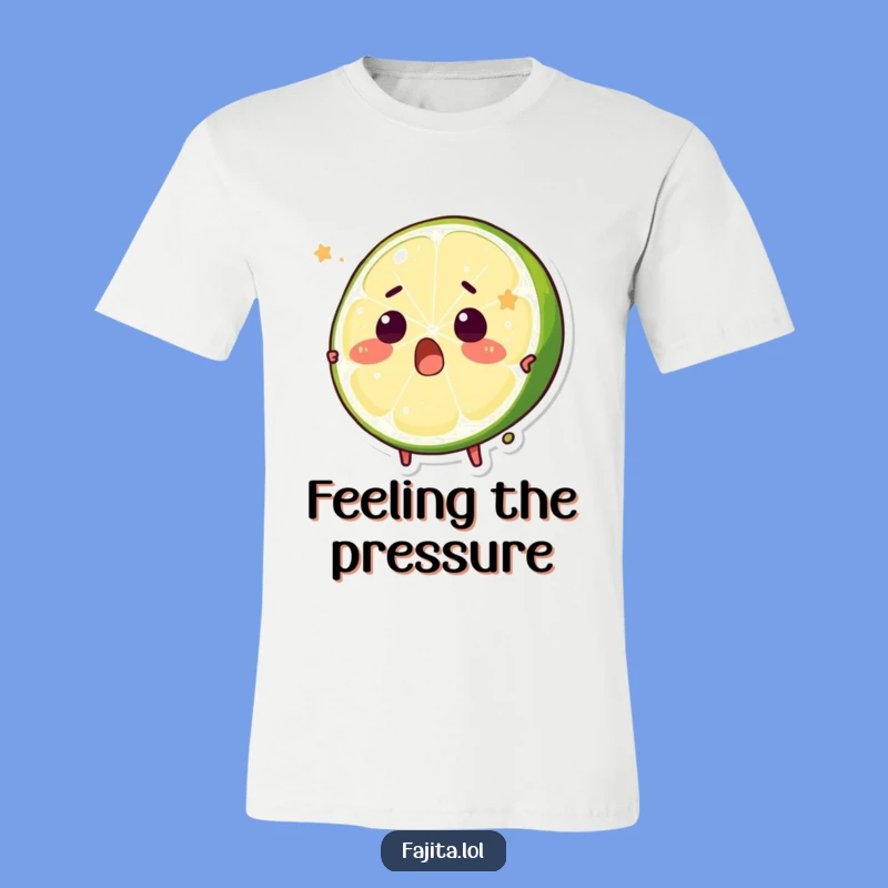 Show your love for all things tangy and funny with this t-shirt featuring a surprised lime wedge character being playfully squeezed.
