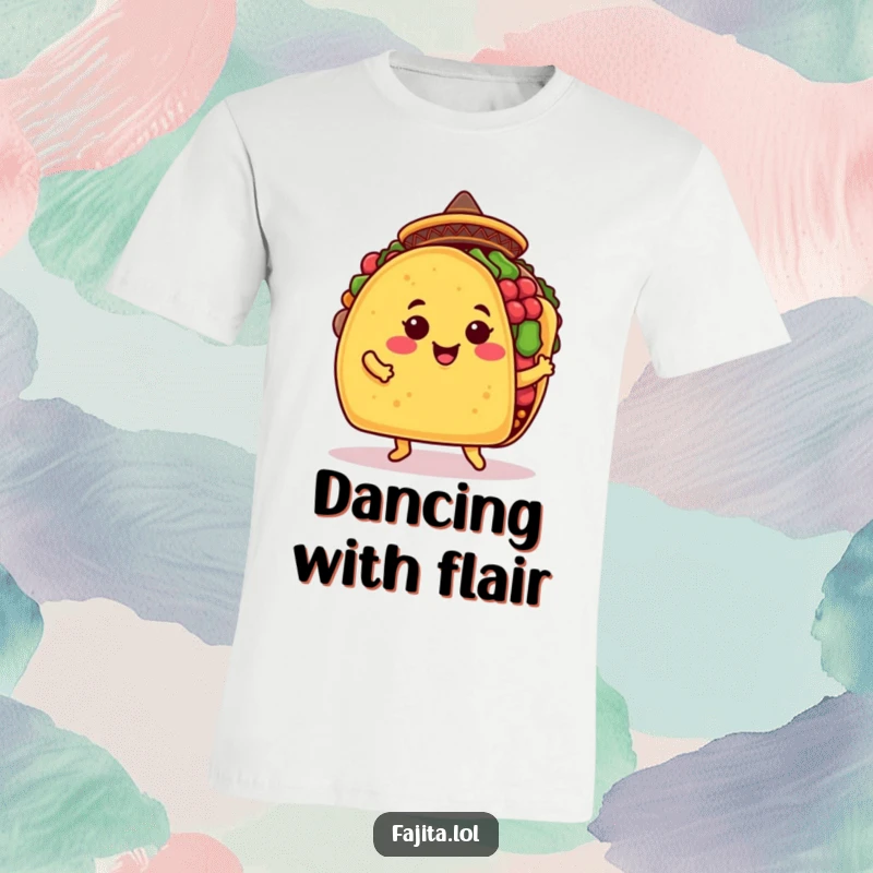 Funny taco t-shirt showcasing a smiling taco shell with a sombrero doing a lively jig, emphasizing fun and festive vibes.