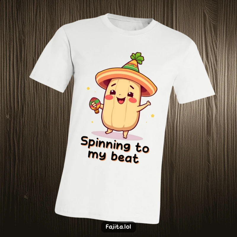 Funny t-shirt with a giddy tamale wearing a festive hat, spinning joyfully with a maraca, radiating happiness.