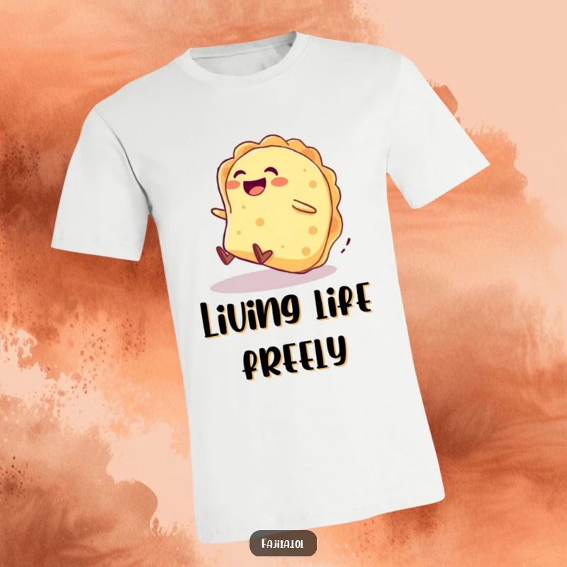 Funny t-shirt depicts a giggling tortilla character tumbling downhill with absolute joy and freedom.
