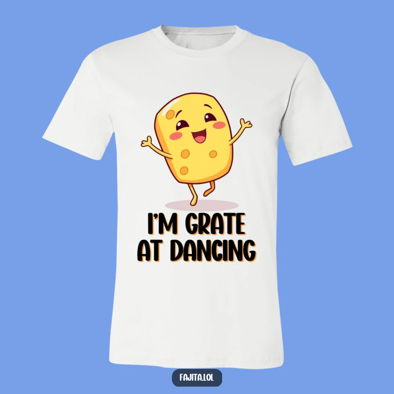 Show off your love for cheese and laughter with this t-shirt showcasing a giggling cheese shred doing a bouncy jig. A truly funny addition to any wardrobe.