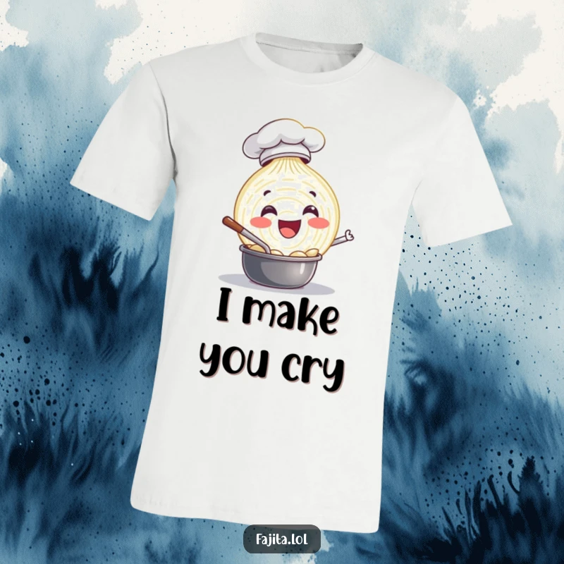 Funny t-shirt depicting a delighted onion slice wearing a chef hat, happily stirring a pot, embodying a love for cooking.