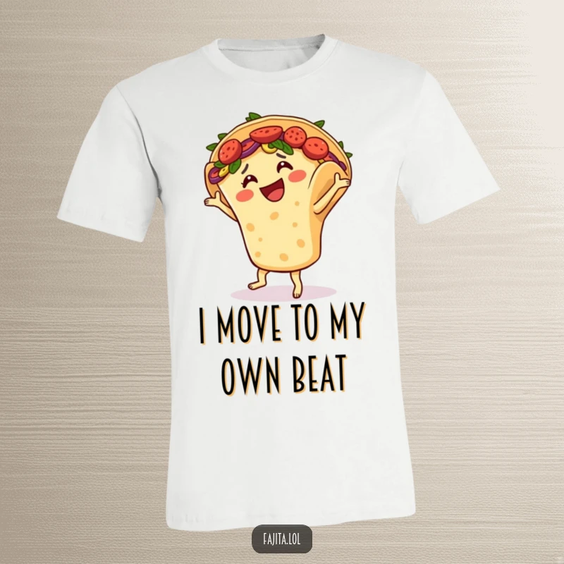 Funny t-shirt displays a smiling fajita in a tortilla shell energetically salsa dancing, full of joy and Mexican food cheer.