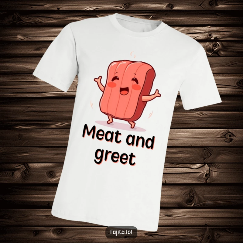 Funny t-shirt graphic of a happy grilled meat strip doing a lively dance and shimmy, expressing pure culinary joy.