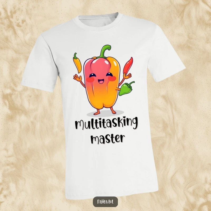 Funny Bell Pepper T-Shirt: A cartoon bell pepper character expertly juggling bright chili peppers, showcasing impressive vegetable circus skills.
