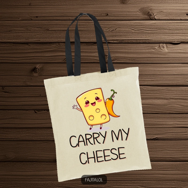 Funny tote bag with a cheerful cheese slice doing a cartwheel near a sizzling pepper, great for carrying daily items.