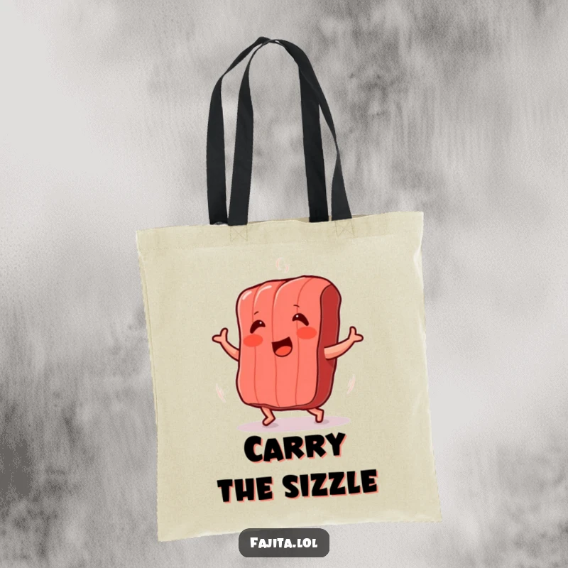 Funny tote bag design of a grilled meat strip dancing with excitement, ideal for carrying BBQ supplies with flair.
