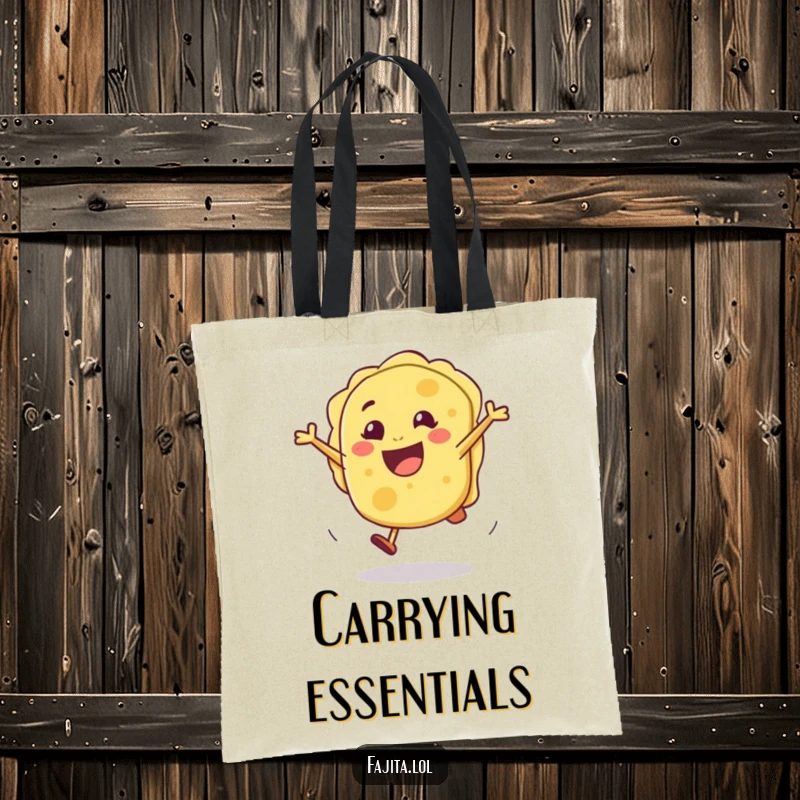 Funny tote bag with a joyful tortilla performing a cartwheel, perfect for carrying essentials with a side of pure, unadulterated fun.