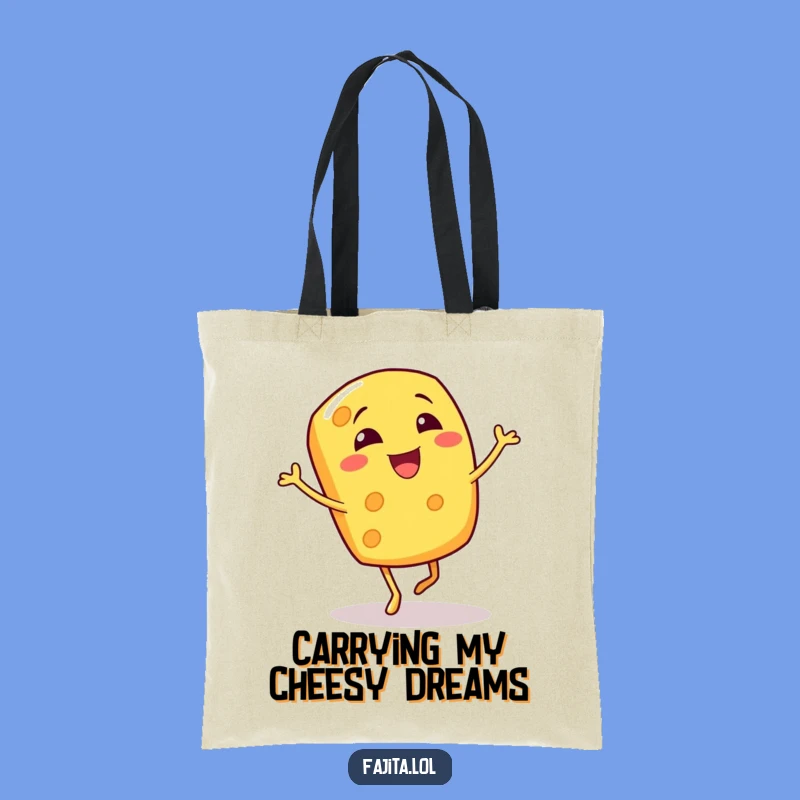 This spacious tote bag features a giggling cheese shred doing a bouncy jig. It’s a funny and practical accessory for carrying your essentials.