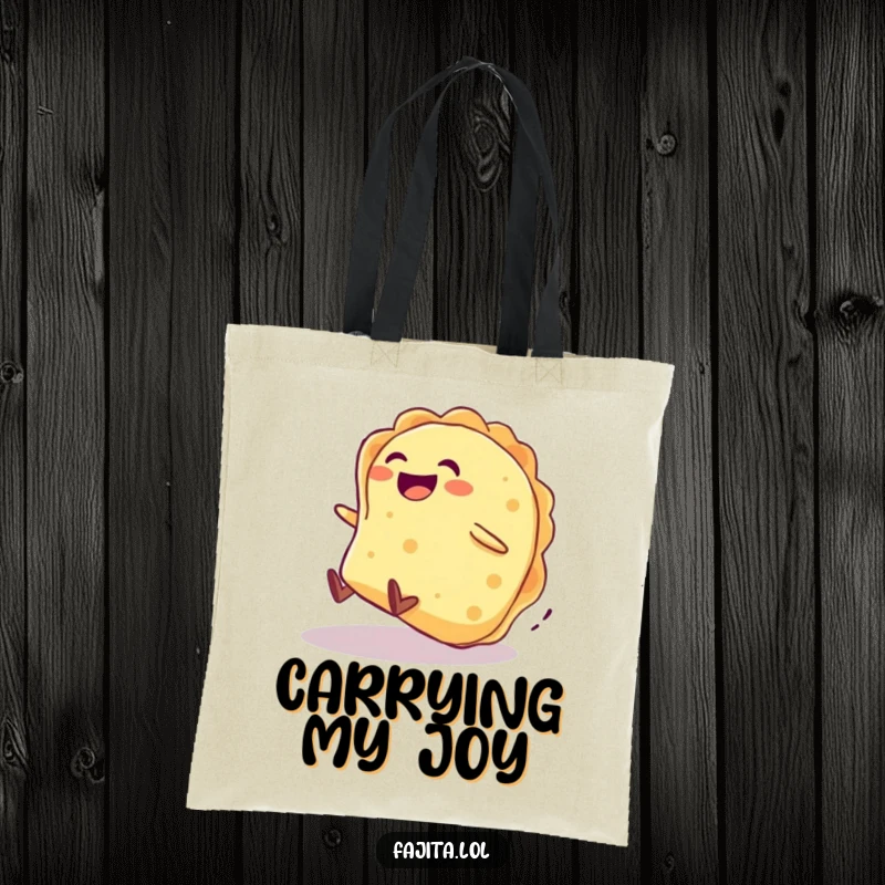 Funny tote bag shows a giggling tortilla character rolling downhill with excitement, perfect for shopping.
