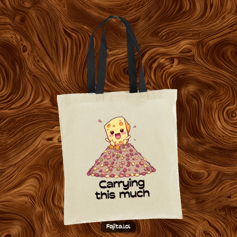 Funny tote bag illustration of a playful cheese shred character cascading down a bean mountain, great for everyday adventures.