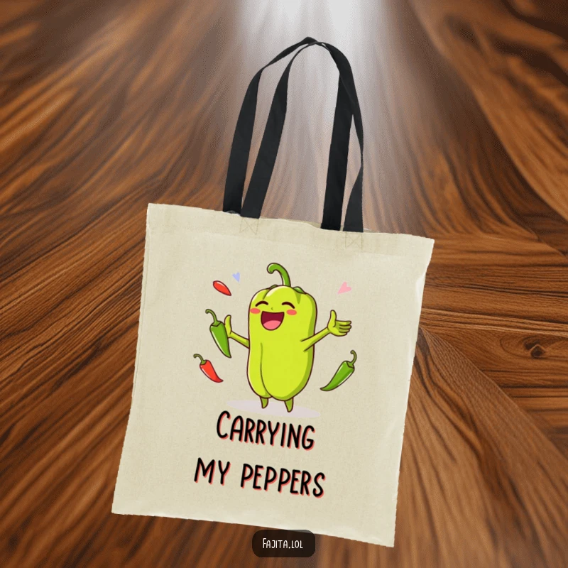Funny tote bag with a laughing bell pepper juggling jalapenos, ready to carry your essentials with a side of delicious fun.