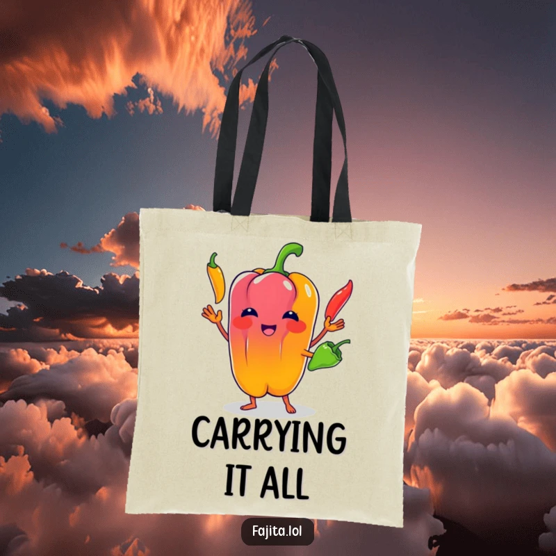 Funny Bell Pepper Tote Bag: A green bell pepper character juggling vibrant chili peppers, perfect for carrying essentials with a smile.