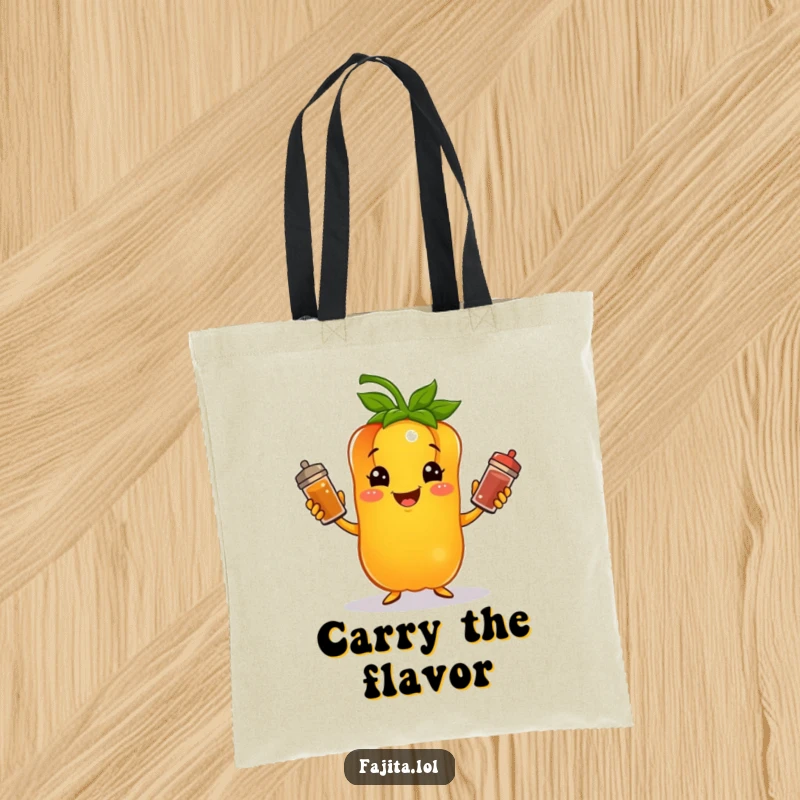 Funny tote bag illustration of a bell pepper juggling spice shakers, great for carrying groceries with a humorous flair.