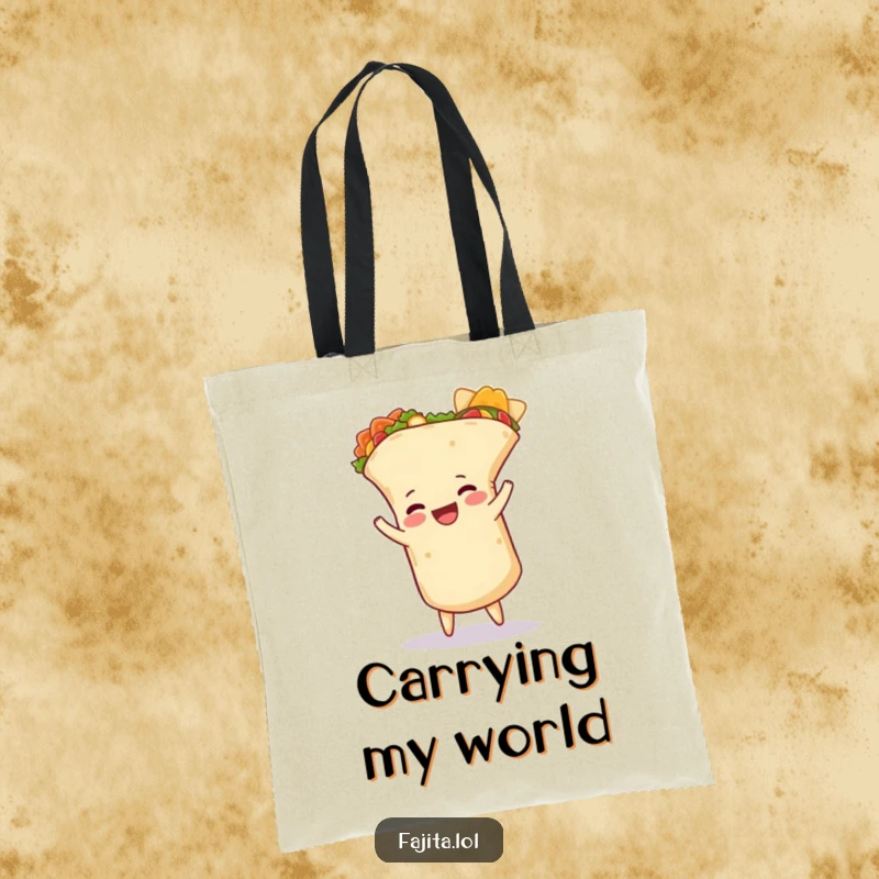 Funny burrito tote bag featuring a happy burrito doing a cartwheel, its tortilla slightly unfurled, perfect for stylish, humorous carrying.