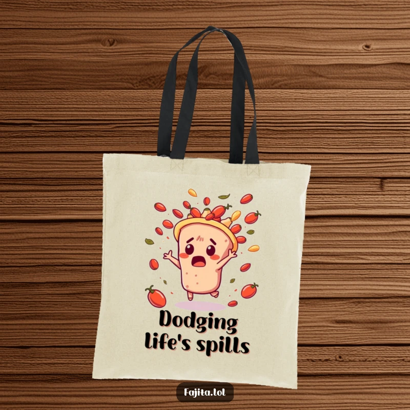 Funny tote bag illustrating a surprised fajita character dodging flying salsa, perfect for carrying items with a humorous, dynamic, and speedy touch.