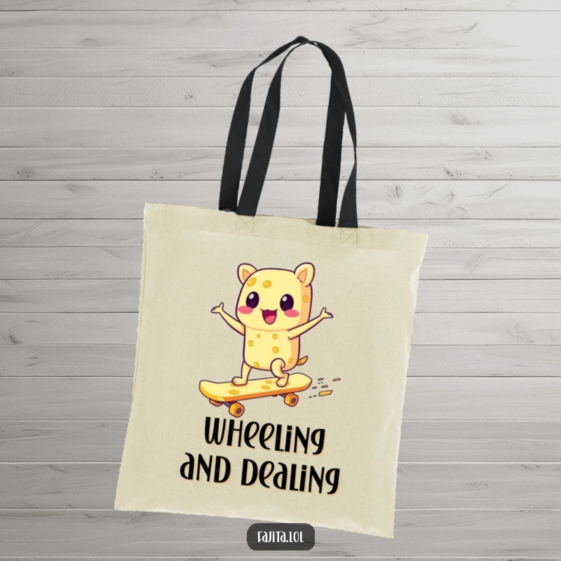 Funny tote bag illustrating a gleeful fajita character skateboarding on a cheese board, perfect for carrying items with a humorous, adventurous touch.