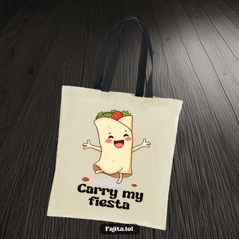 Funny tote bag featuring an anthropomorphic fajita wrap cartwheeling with spicy filling leaping out, a lively and humorous design.