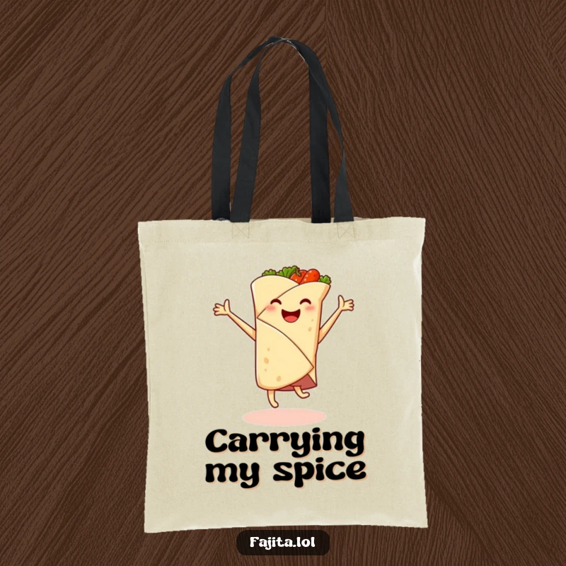 Funny tote bag showcasing a smiling fajita wrap mid-cartwheel, with spicy ingredients flying, a vibrant and humorous accessory.