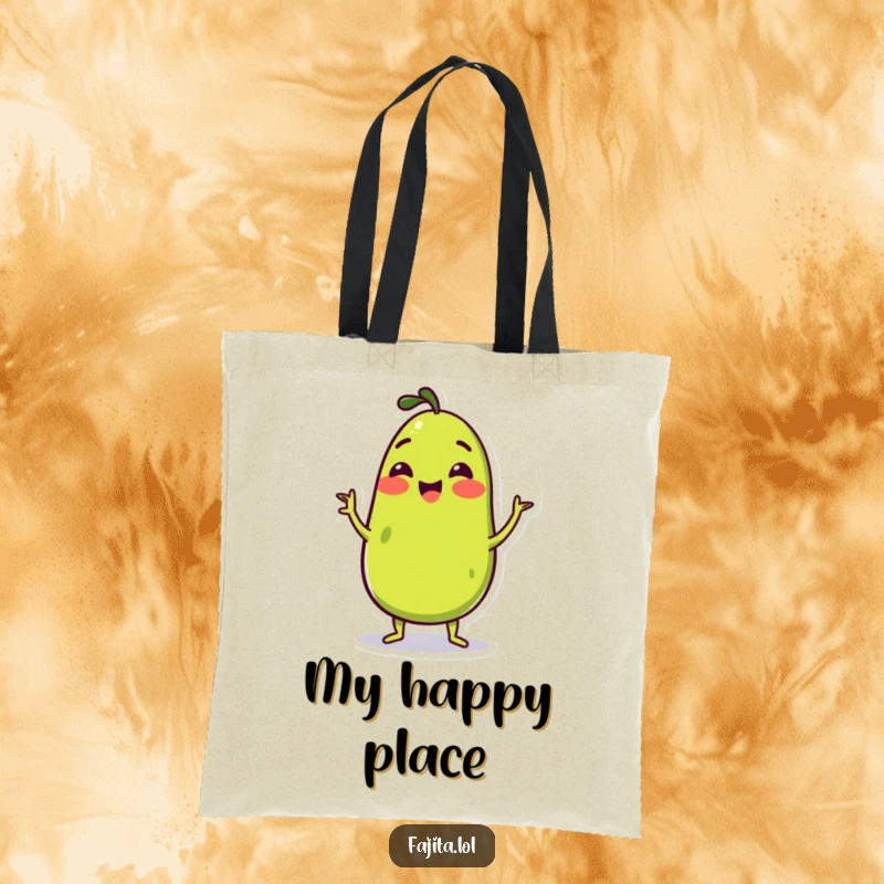 Funny Tote Bag showcasing a cheerful guacamole character performing a happy wiggle, perfect for carrying groceries or essentials with a smile.