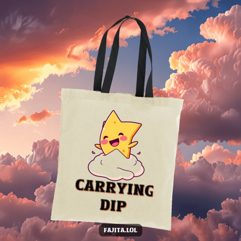 Funny tote bag featuring a mischievous nacho chip playfully diving into a dollop of sour cream, ready for errands.