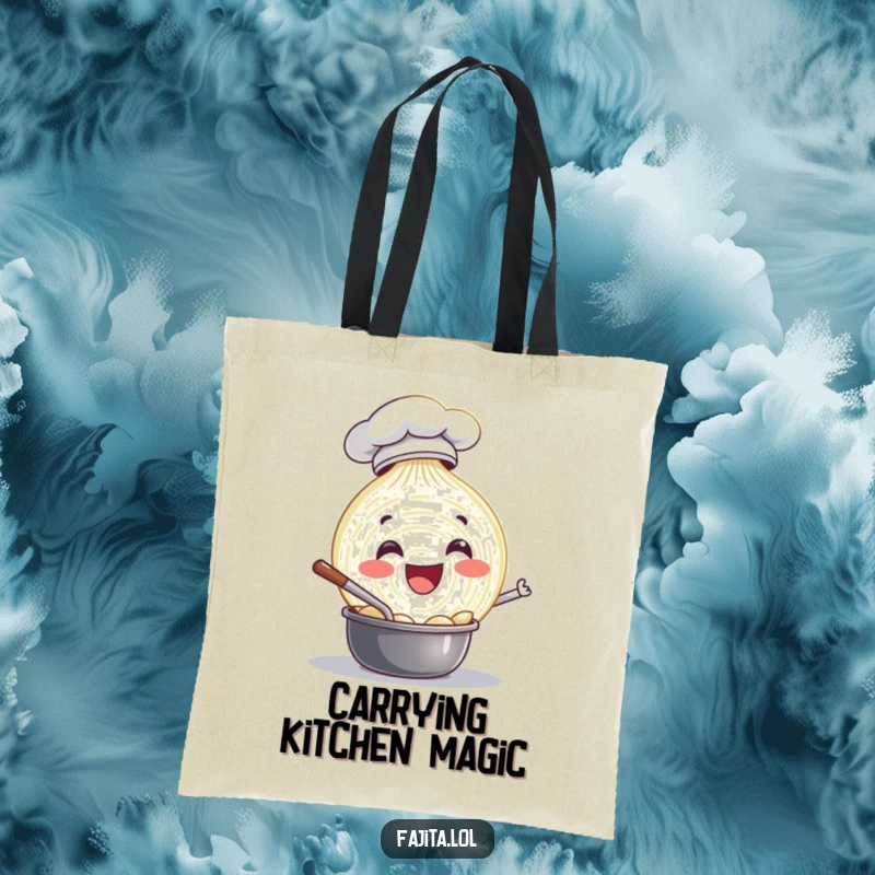 Funny tote bag with a delighted onion slice chef happily stirring a pot, perfect for carrying kitchen essentials with a touch of humor.
